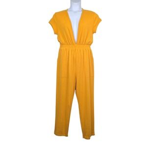 Free People Womens Beach Rita Yellow Deep V-Neck Terry Knit Jumpsuit Size M